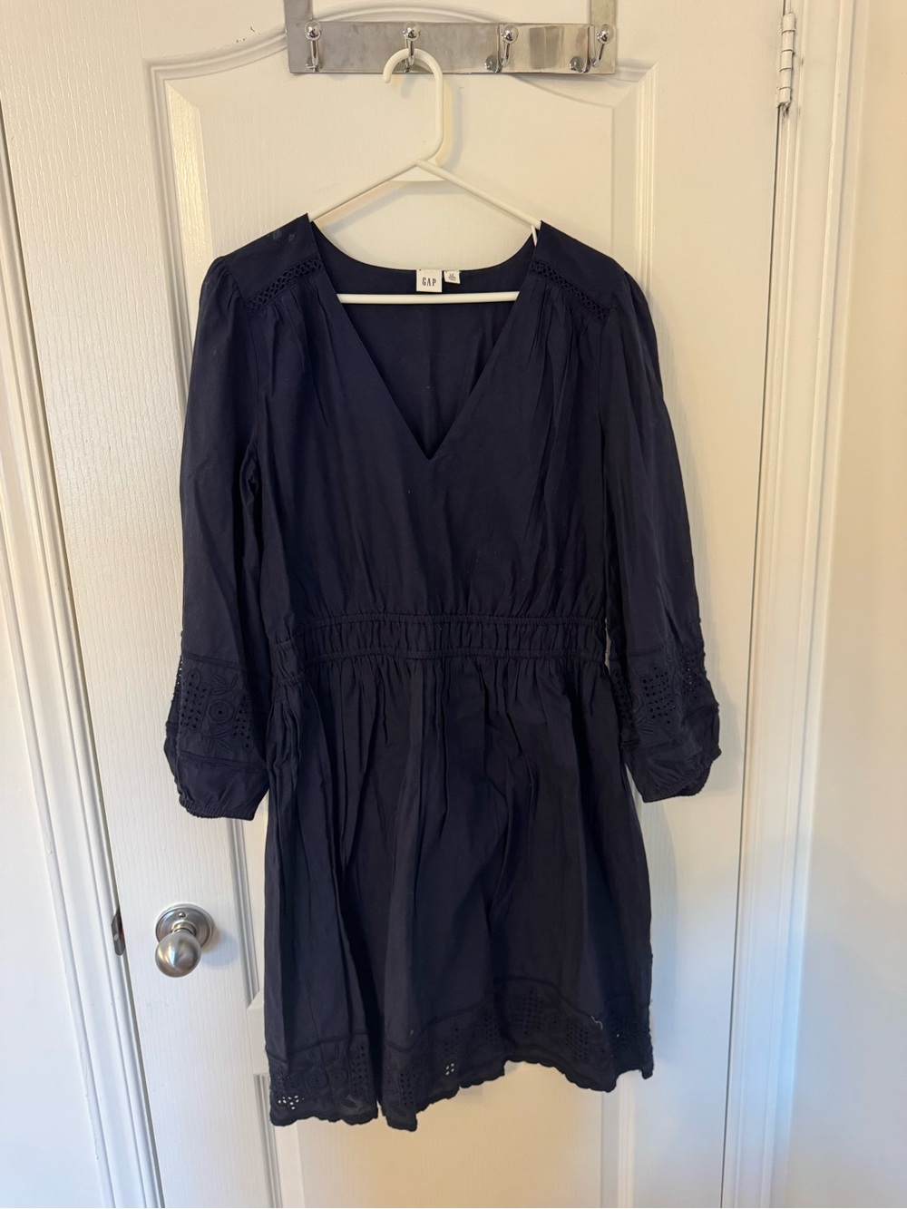GAP Navy Long Sleeve V-Neck Eyelet Midi Dress